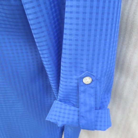 Roll-tab-sleeve front-button blouse Semi-sheer Med blue plaid PL - Picture 3 of 3